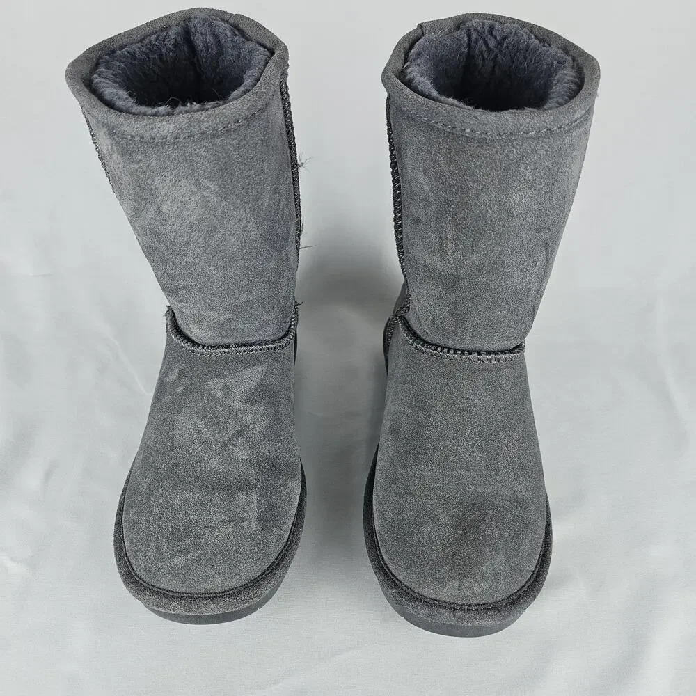 Bearpaw Emma Short Suede Winter Boots Gray Women’s Size 7 Sheepskin Lined